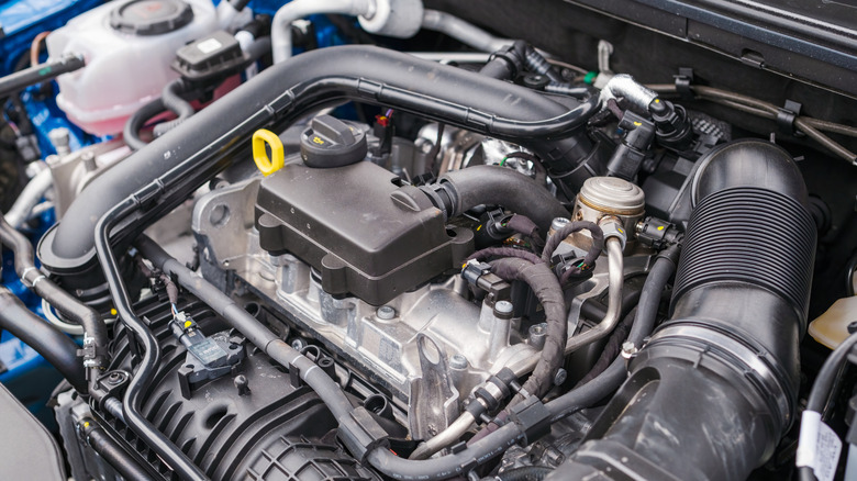 A close-up view of a car's engine