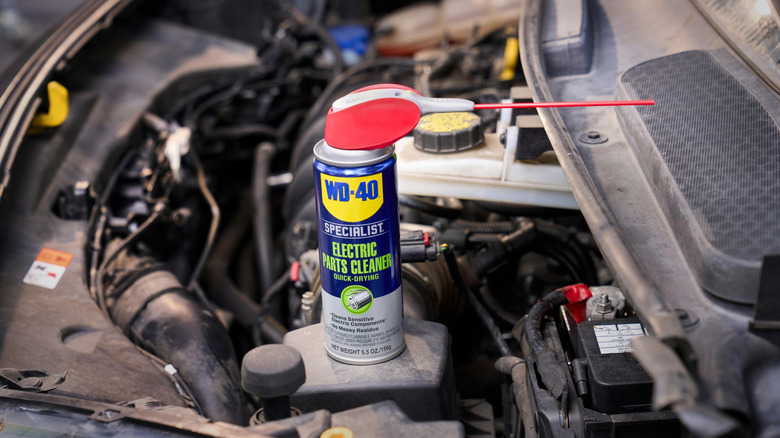 A can of WD-40 Specialist Electric Parts Cleaner on an engine bay