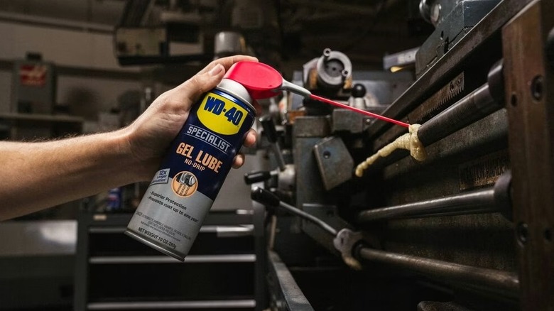 A WD-40 Specialist Gel Lube being sprayed on a machine