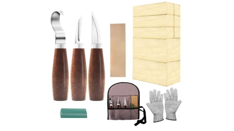 Carving knives, wood blocks and gloves