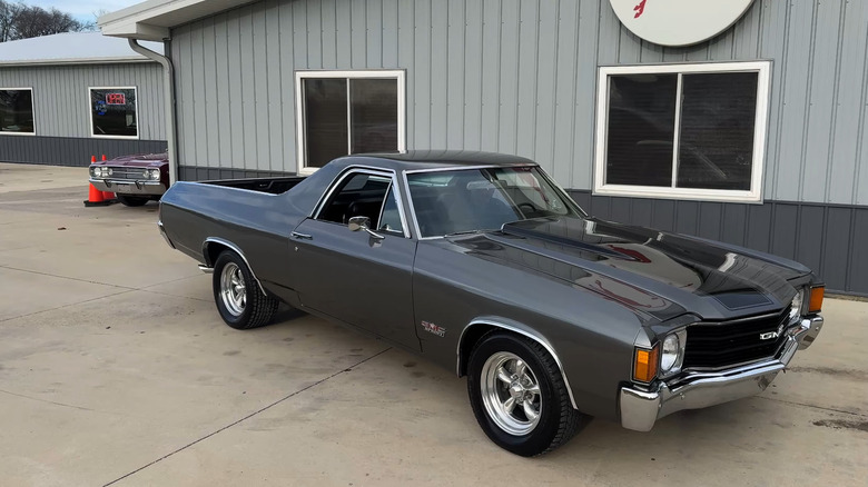 The right-three-quarter view of a 1972 GMC Sprint SP pickup car finished here in a steel grey paintwork.