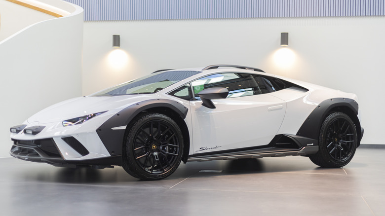 Lamborghini Huracan Sterrato on display in a white room