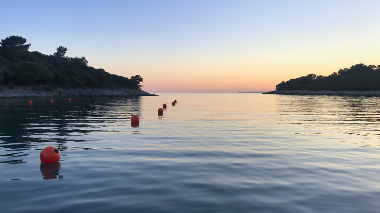 Serene lake at sunset with a line of red buoys on the left side