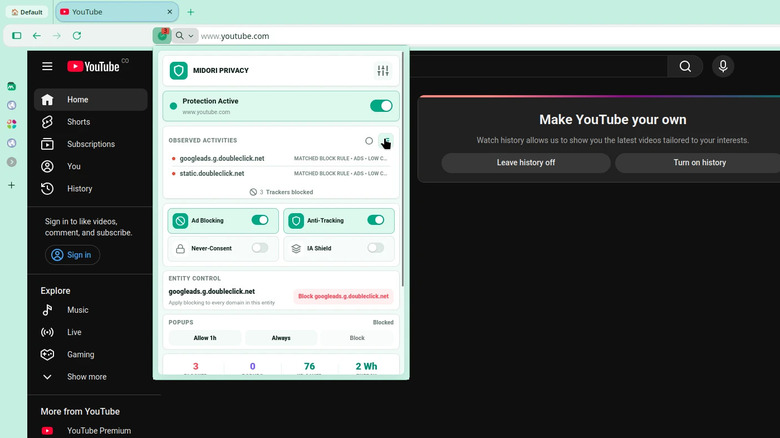 The ad blocker built into Midori Browser while on YouTube