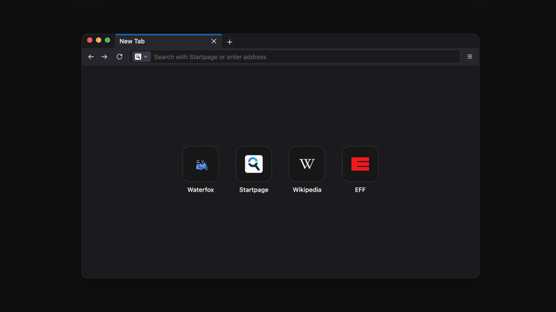 The waterfox browser over a black background