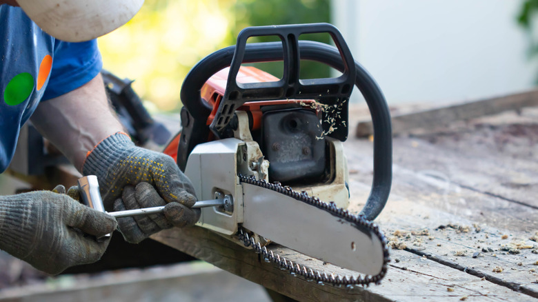 A person tuning the idling speed on a chainsaw with a loose chain
