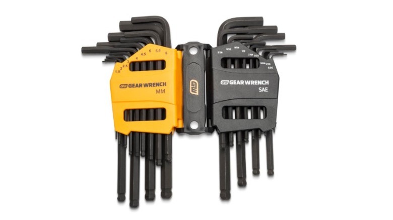 Long arm hex key in two compartments, yellow and black
