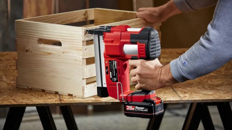 stapling corners of box with Bauer stapler