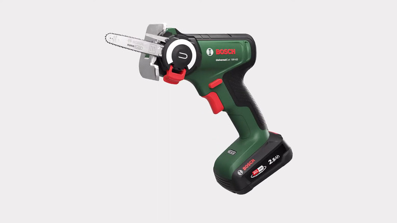 A green Bosch 18V-65 AdvancedCut NanoBlade saw pictured here against a white studio backdrop.