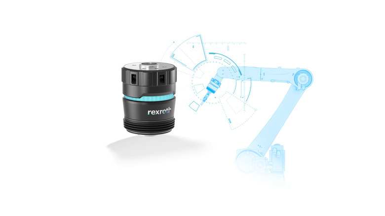 A 3D rendering of the Bosch Rexroth smart flex effector control module, with a digital design of a robotic arm in the background.