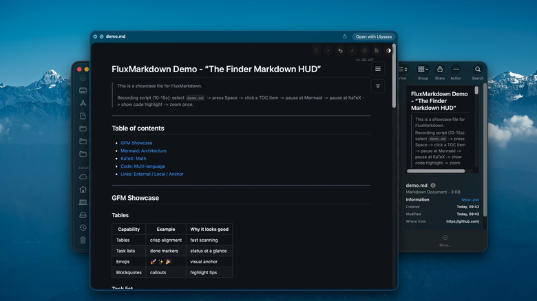 A preview window showing a markdown file with proper formatting on macOS