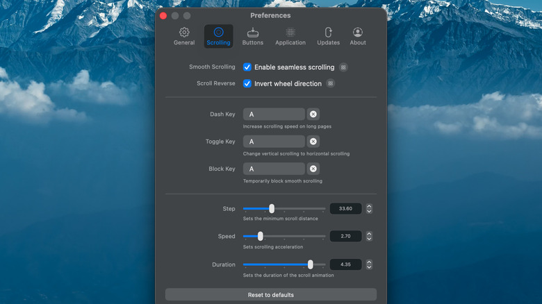 The settings window for the Mos app