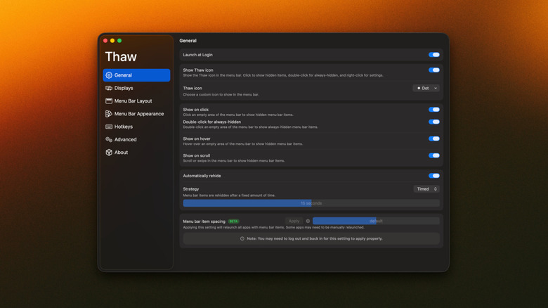The Thaw Settings window on macOS