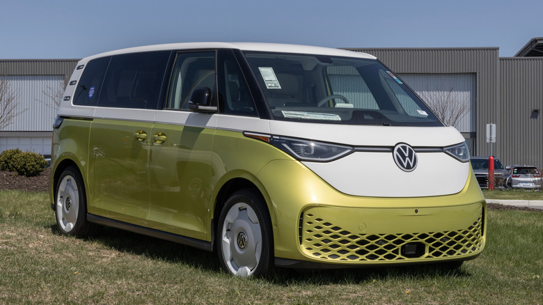 Lime green Volkswagen ID.Buzz parked on grass