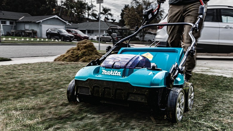 Person using Makita dethatcher