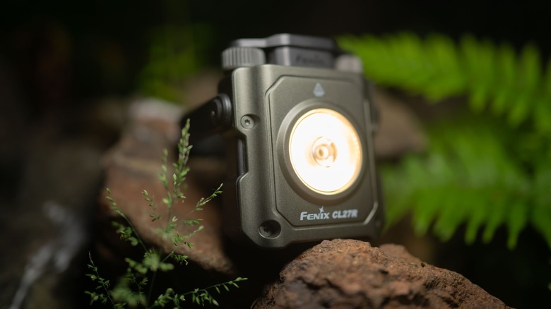 The Fenix CL27R Lantern powered on and illuminated by a separate night, sitting on a rock next to a fern.