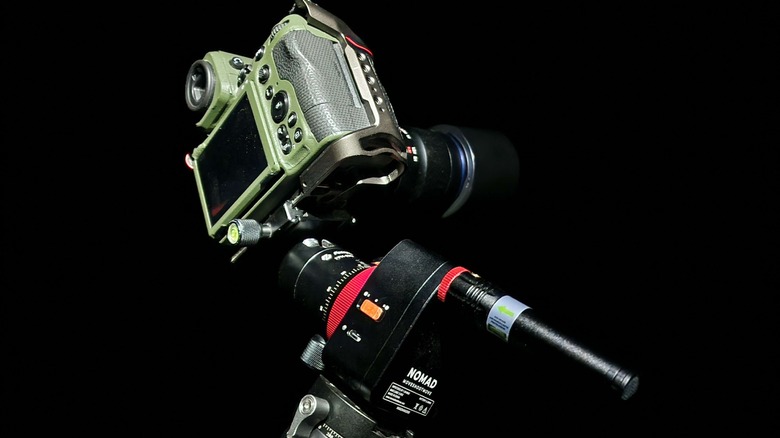 The Move Shoot Move star tracker with laser kit and tripod head attached, supporting a Nikon Z8.