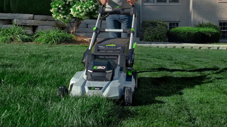 A person pushing a lawn mower across tall grass