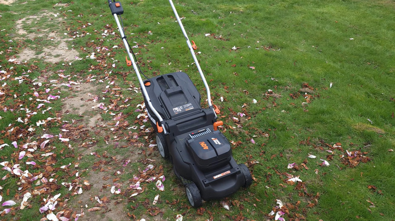 A WORX lawn mower beside a pile of fallen leaves