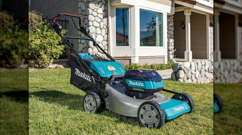 Makita lawn mower in a yard