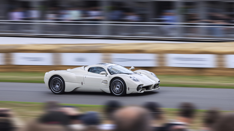 A white 2024 Pagani Utopia at the Goodwood Festival of Speed.