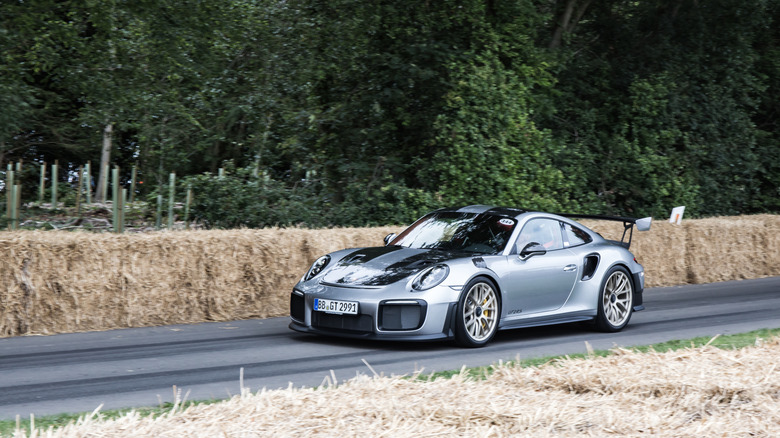 Front 3/4 shot of a 2018 Porsche 911 GT2 RS at the Goodwood Festival of Speed.