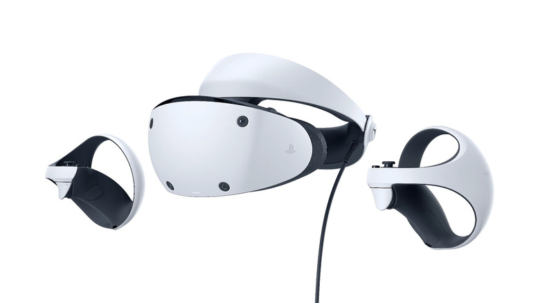 The PlayStation VR2 headset and controllers on a white background
