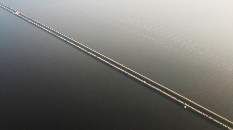 An aerial view of the Lake Pontchartrain Causeway Bridge
