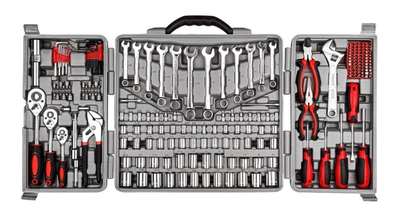 Tools placed in three sections of the tool box