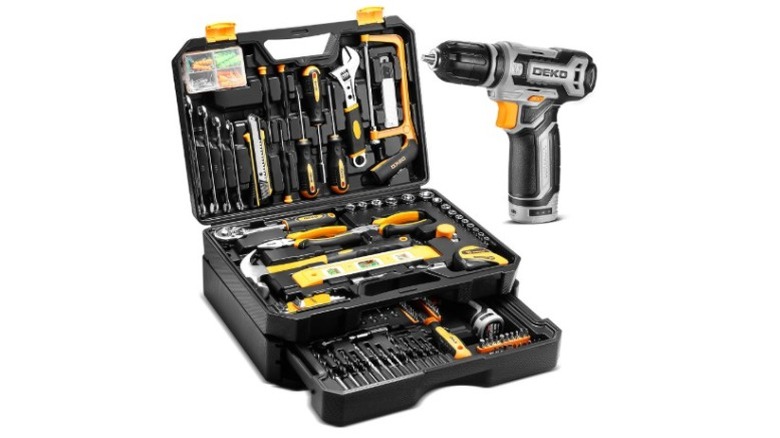 Black tool set with tools and a power drill