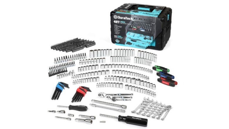 Black and blue tool set box with tools in front of it
