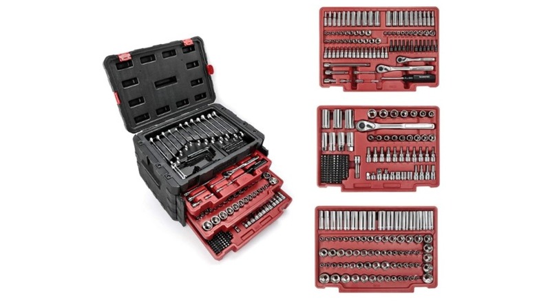 Red and black tool box with three racks aligned