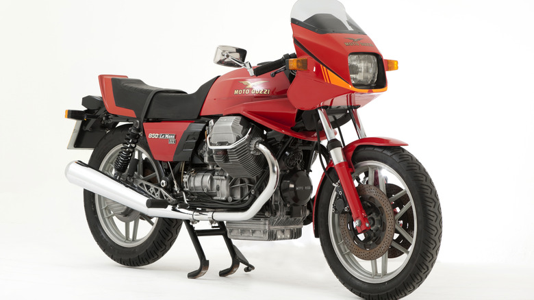 A red Moto Guzzi Le Man Mk1 racing motorcycle from the 1970s