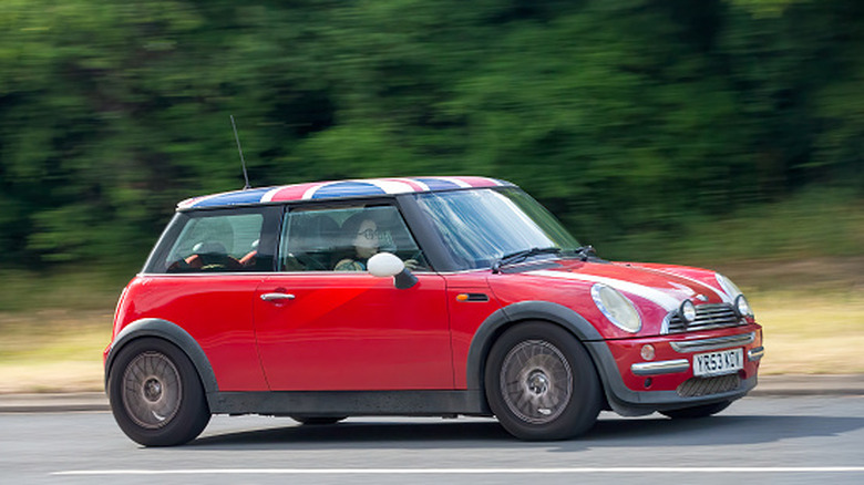 Red Mini Cooper with British flag themed roof