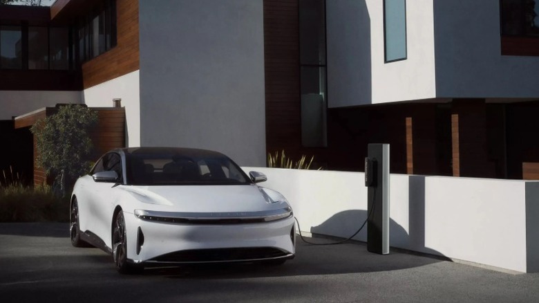 The Lucid Air plugged into a charging station