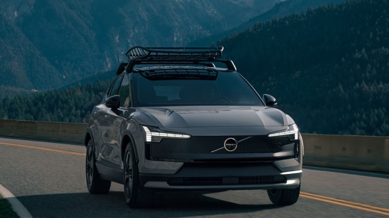 A grey Volvo EX30 on a mountain road