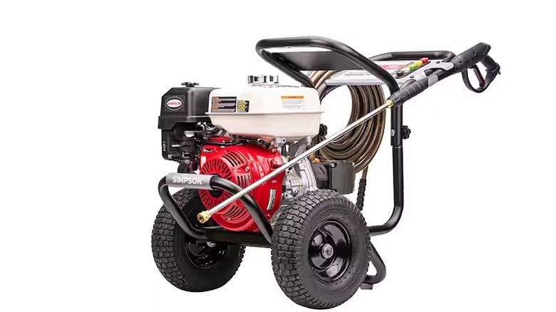 Pressure washer with two big wheels against a white background.