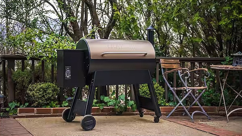 Pellet grill and smoker placed outdoors.