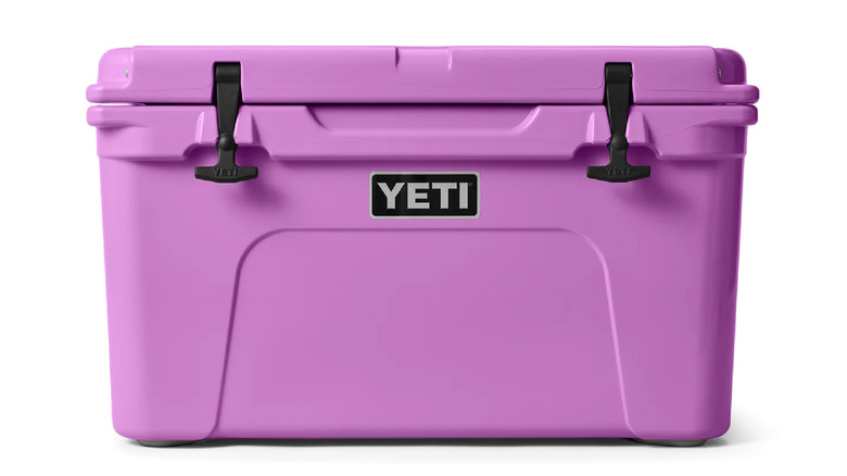 A pink Yeti Tundra 45 Hard-Sided Cooler on a white background