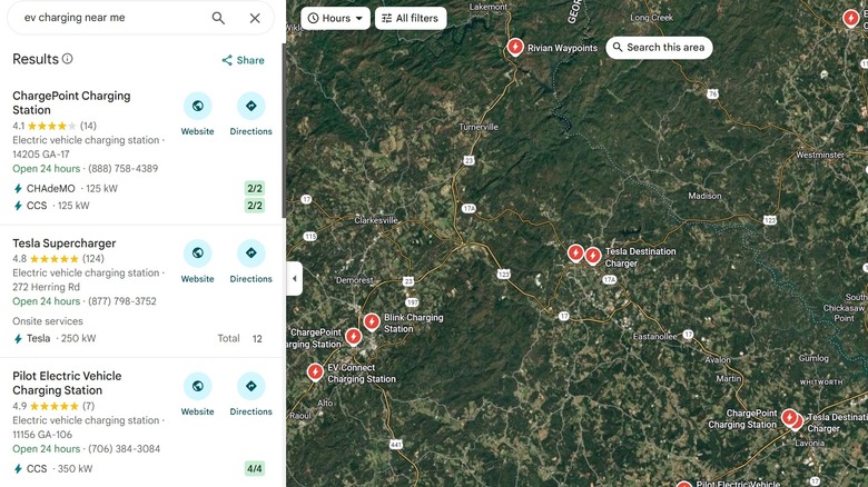 Screenshot of EV charging stations on a map.