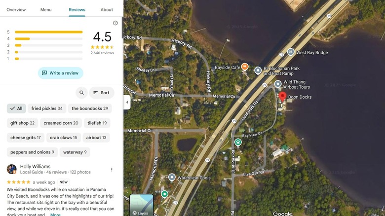 Screenshot of Google maps showing the reviews of the Boon Docks restaurant in Panama City.