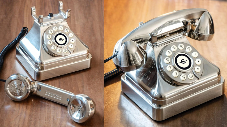 Two pictures of the Crosley CR62-BC Kettle Classic Corded Desk Phone, side by side, with the receiver out in one of the images