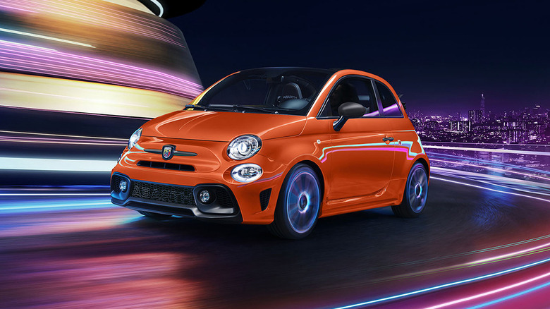 An orange Abarth 595 commuter car rendered against a futuristic cyberlit background.