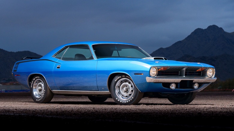A blue 1970 Plymouth Barracuda from the front