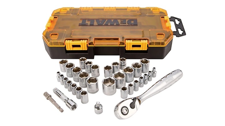 DeWalt 1/4 and 3/8-Inch Drive SAE/Metric Socket Set against a white background