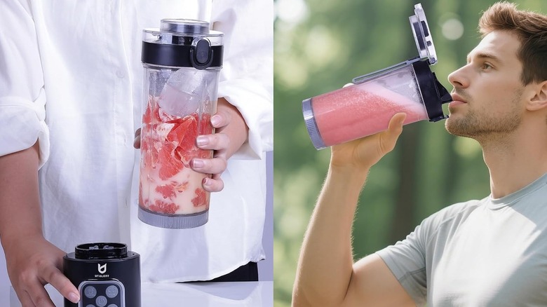 Side-by-side image: person holding a blender bottle and battery-powered base, person drinking out of blender bottle