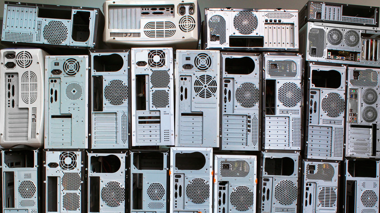 A stack of desktop PCs