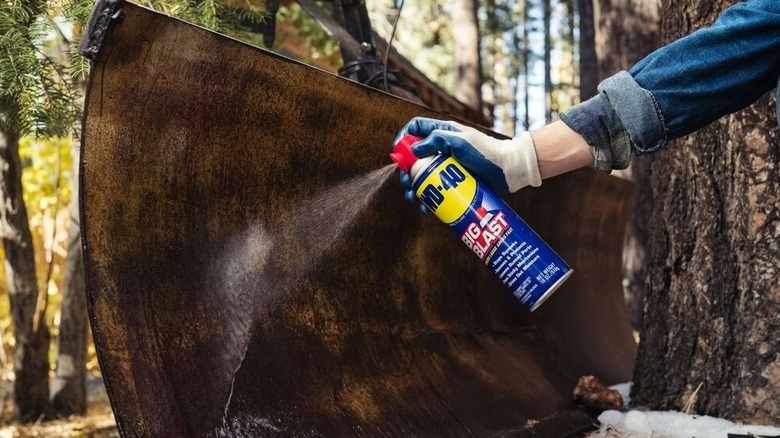 Person spraying WD-40 on a shovel