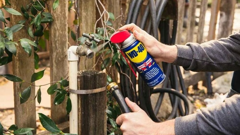Person spraying WD-40 on a garden hose