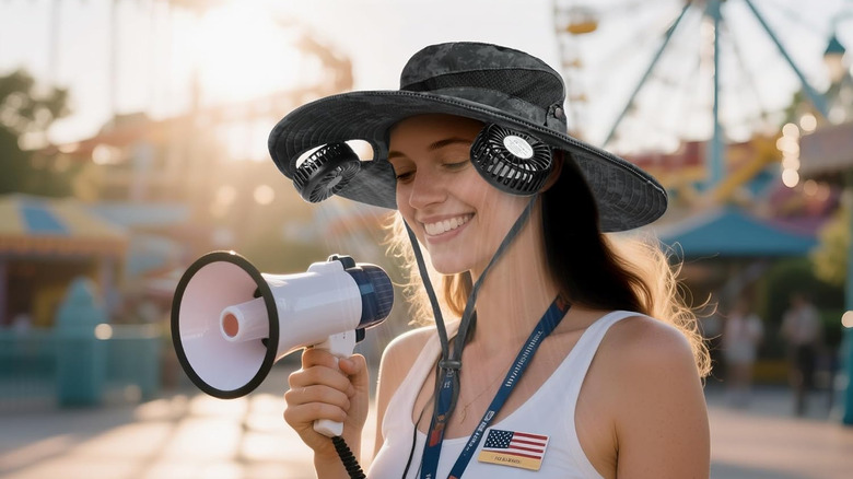 A person using the Amacool bucket hat fun installed on a hat